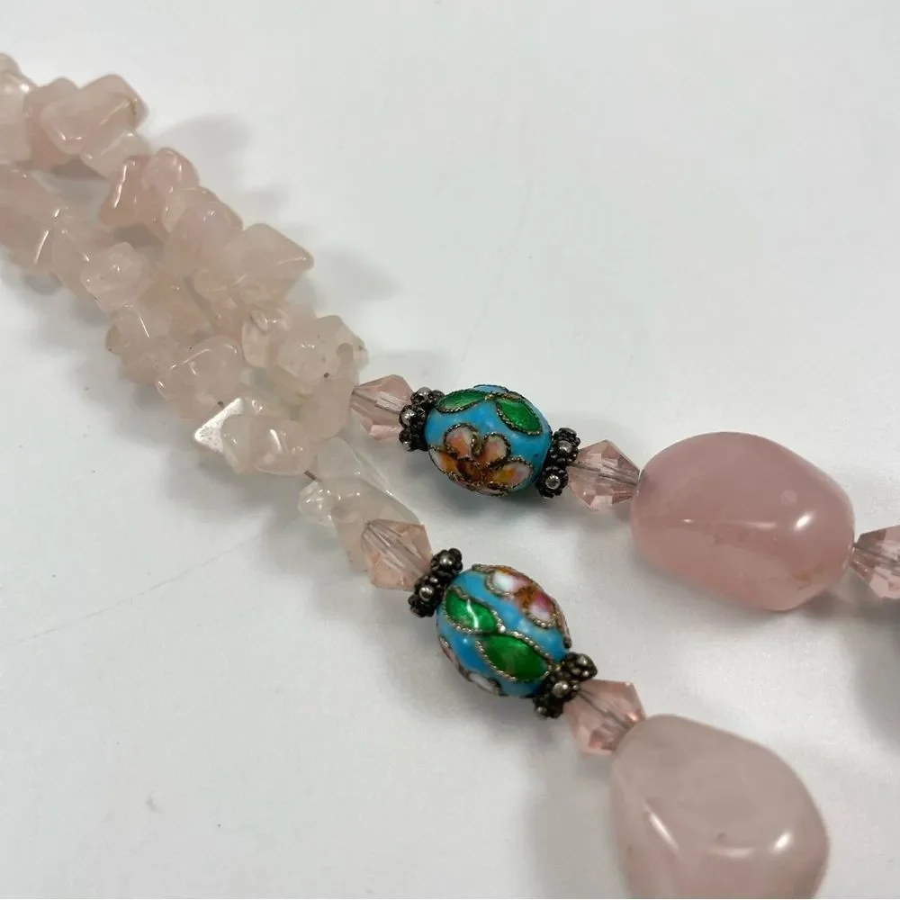 Rose Quartz Cloisonné Flower Beaded Necklace Stunning Unsigned Gemstone Unique - Picture 6 of 8